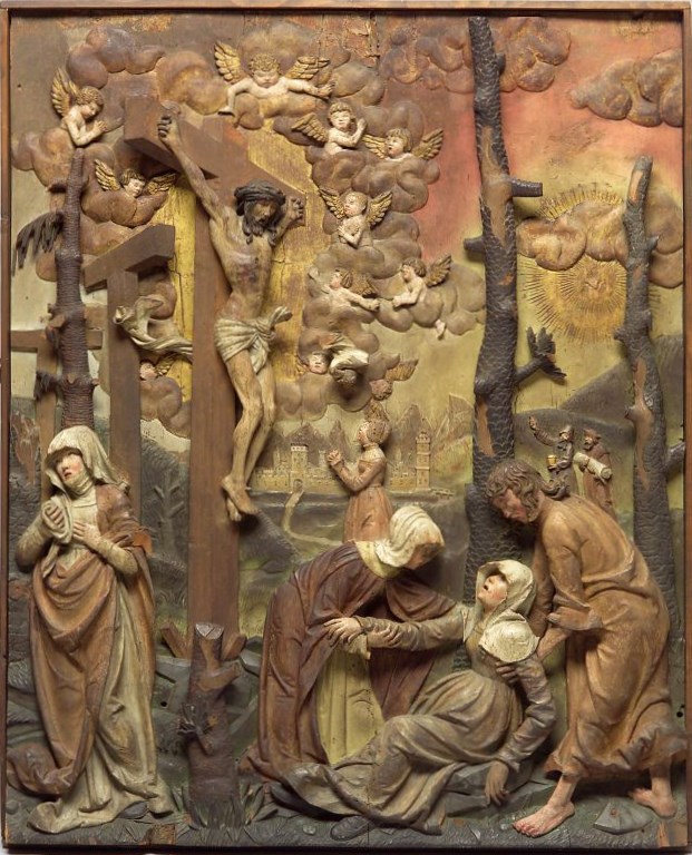 Kreuzigung Christi | Deutsch, 1. Viertel 16. Jahrhundert, Holz, H. 81 cm, B. 67 cm, T. 10 cm, Schloss Ambras Innsbruck, St. Nikolauskapelle. Fotorecht: KHM-Museumsverband, Wien.